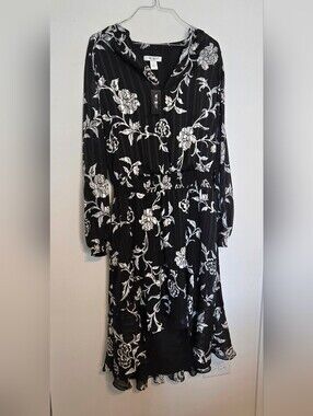 White House Black Market Black Floral Long Sleeve Midi Dress